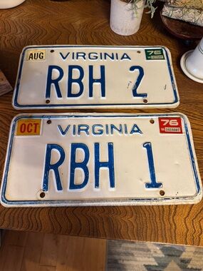 Pair of Vintage 1970’s tabbed Virginia License Plates RBH 1 & RBH 2 - White/Blue